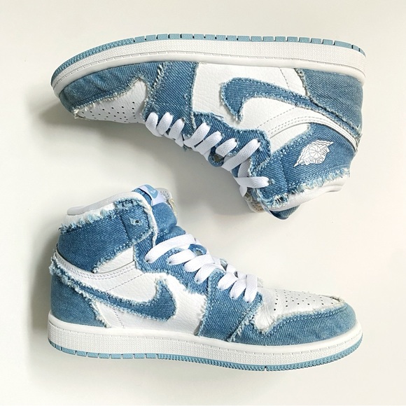 NIKE youth blue denim white leather Air Jordan 1 Retro OG high top sneakers - Picture 2 of 10